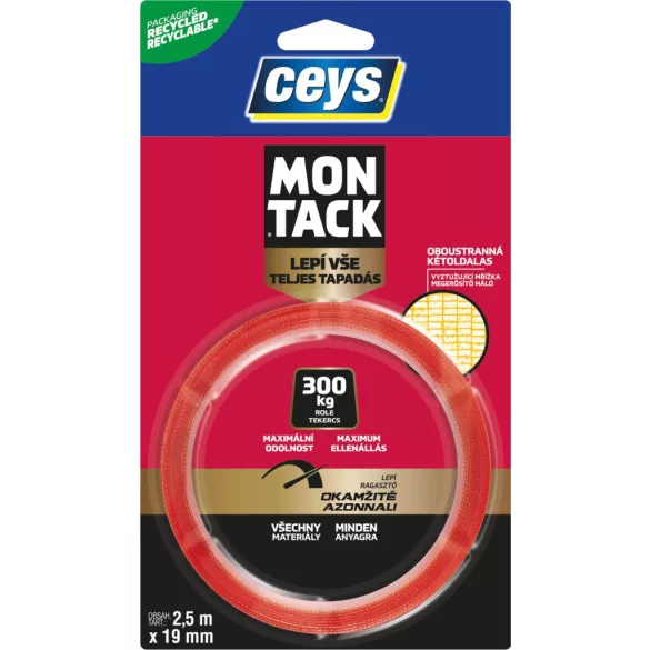 Ragasztószalag, Ceys Montack Express, piros, 1,9 cm x 2,5 m, kétoldalas, gélszerű, páraálló, hőálló, megerősített háló
