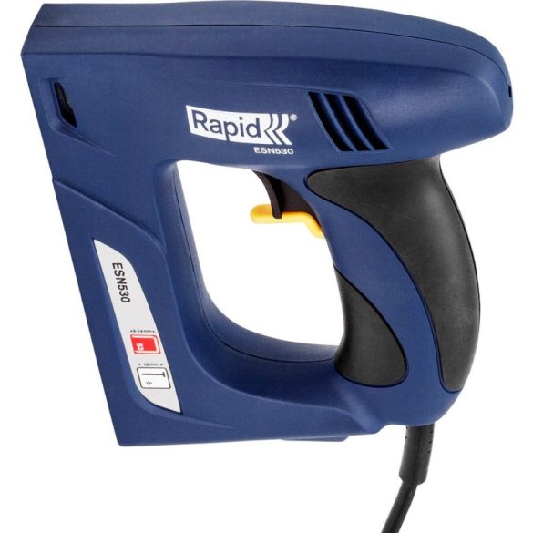 Elektromos tűzőgép, szögbelövő, Rapid ESN 530, sötétkék, 6-14 mm kapocshossz / 8-15 mm szeghossz, 53-as kapcsokhoz, műanyag burkolat, acél mechanika, kárpitos