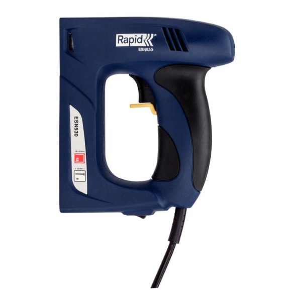 Elektromos tűzőgép, szögbelövő, Rapid ESN 530, sötétkék, 6-14 mm kapocshossz / 8-15 mm szeghossz, 53-as kapcsokhoz, műanyag burkolat, acél mechanika, kárpitos