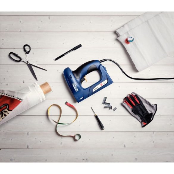 Elektromos tűzőgép, szögbelövő, Rapid ESN 530, sötétkék, 6-14 mm kapocshossz / 8-15 mm szeghossz, 53-as kapcsokhoz, műanyag burkolat, acél mechanika, kárpitos