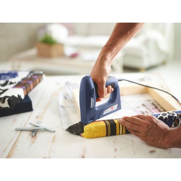 Elektromos tűzőgép, szögbelövő, Rapid ESN 530, sötétkék, 6-14 mm kapocshossz / 8-15 mm szeghossz, 53-as kapcsokhoz, műanyag burkolat, acél mechanika, kárpitos