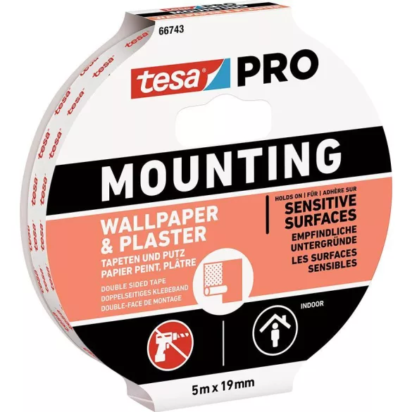 Ragasztószalag, Tesa Mounting Pro, 1,9 cm x 5 m, kétoldalas, tapétához és vakolathoz, maximum 1 kg/10 cm teherbírás