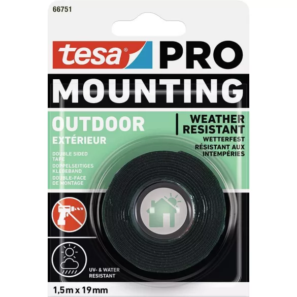 Ragasztószalag, Tesa, Mounting Pro Outdoor, 1,9 cm x 1,5 m, kétoldalas, kültéri, UV-álló, vízálló, erős