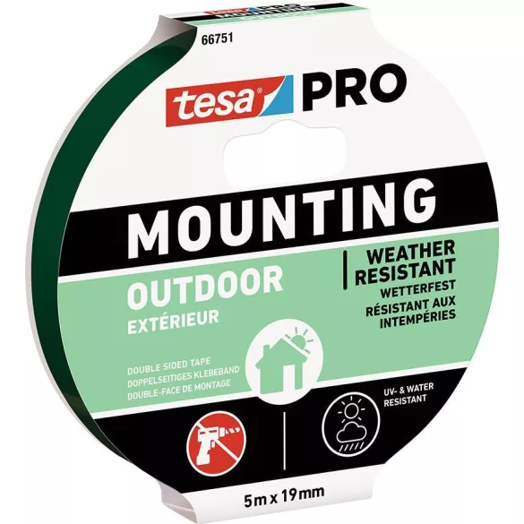 Ragasztószalag, Tesa, Mounting Pro Outdoor, 1,9 cm x 5 m, kétoldalas, kültéri, UV-álló, vízálló, erős