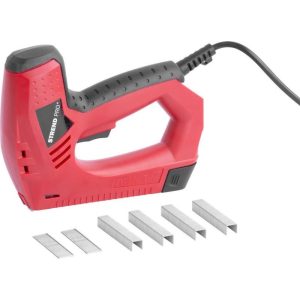 Elektromos tűzőgép, szögbelövő, Strend Pro J-123, piros/fekete, 8-14 mm kapocshossz, 53-as kapcsokhoz, 8–15 mm szeghossz, 30 lövés/perc, kárpitos