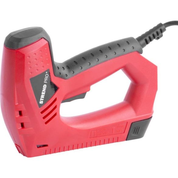 Elektromos tűzőgép, szögbelövő, Strend Pro J-123, piros/fekete, 8-14 mm kapocshossz, 53-as kapcsokhoz, 8–15 mm szeghossz, 30 lövés/perc, kárpitos
