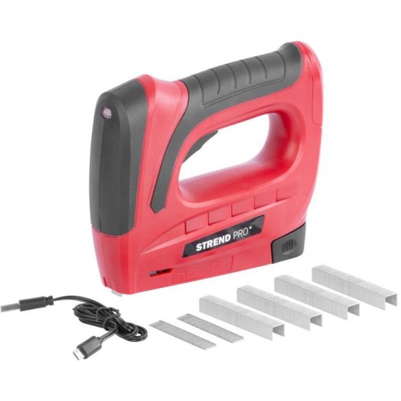 Akkumulátoros tűzőgép, szögbelövő, Strend Pro J-126, piros/fekete, 6–10 mm kapocshossz, 140-es kapcsokhoz, 10 mm szeghossz, 30 lövés/perc, 3,6 V Li-Ion, USB-vel tölthető, kárpitos