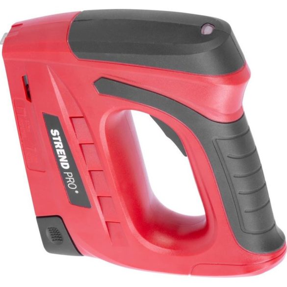 Akkumulátoros tűzőgép, szögbelövő, Strend Pro J-126, piros/fekete, 6–10 mm kapocshossz, 140-es kapcsokhoz, 10 mm szeghossz, 30 lövés/perc, 3,6 V Li-Ion, USB-vel tölthető, kárpitos