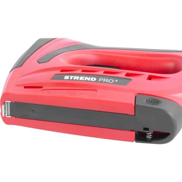 Akkumulátoros tűzőgép, szögbelövő, Strend Pro J-126, piros/fekete, 6–10 mm kapocshossz, 140-es kapcsokhoz, 10 mm szeghossz, 30 lövés/perc, 3,6 V Li-Ion, USB-vel tölthető, kárpitos