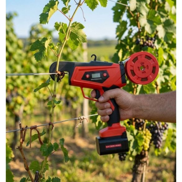 Akkumulátoros szőlőkötöző gép, Strend Pro Professional, piros/fekete, 2 Ah Li-Ion, maximum 25 mm átmérő, LCD kijelző, akkumulátorral és töltővel, hordtáskában