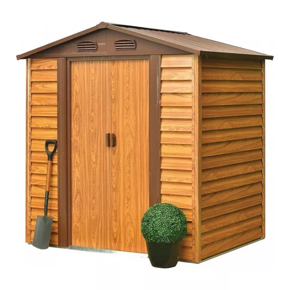 Kerti ház, Strend Pro Garden, 193 × 152 × 203 cm, barna, festett fémlemez, horganyzott keret, korrózióálló, dupla tolóajtó, 4 szellőzőnyílás