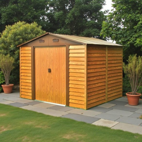 Kerti ház, Strend Pro Garden, 278 x 238 x 215 cm, barna, fémlemez, horganyzott keret, korrózióálló, dupla tolóajtó, 4 szellőzőnyílás