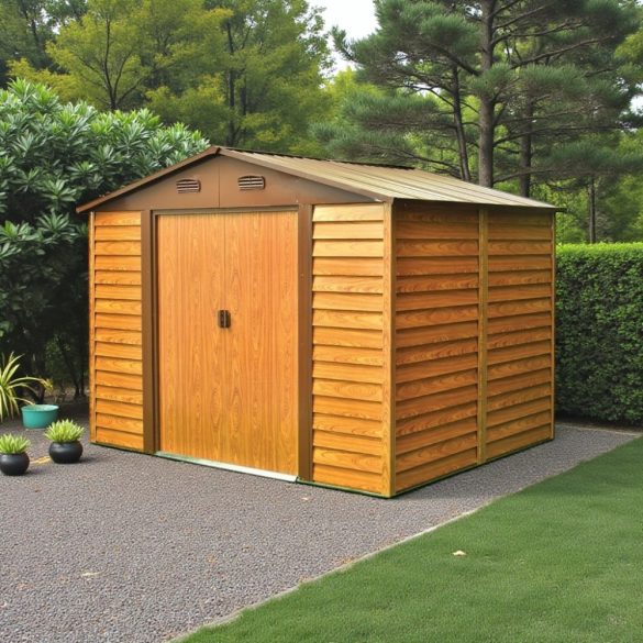 Kerti ház, Strend Pro Garden, 278 x 238 x 215 cm, barna, fémlemez, horganyzott keret, korrózióálló, dupla tolóajtó, 4 szellőzőnyílás