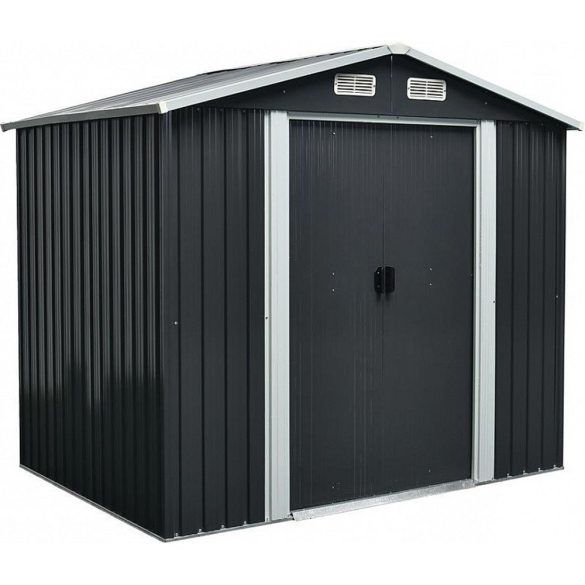 Kerti ház, Strend Pro Garden, 236 × 174 × 206 cm, antracit, fémlemez, korrózióálló, dupla tolóajtó, 4 szellőzőnyílás, horganyzott keret, opcionális padlószerkezet