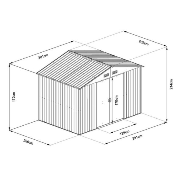 Kerti ház, Strend Pro Garden, 236 × 174 × 206 cm, antracit, fémlemez, korrózióálló, dupla tolóajtó, 4 szellőzőnyílás, horganyzott keret, opcionális padlószerkezet