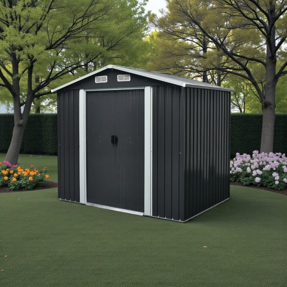 Kerti ház, Strend Pro Garden, 236 × 174 × 206 cm, antracit, fémlemez, korrózióálló, dupla tolóajtó, 4 szellőzőnyílás, horganyzott keret, opcionális padlószerkezet