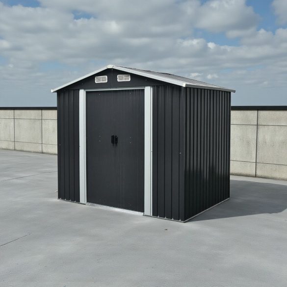 Kerti ház, Strend Pro Garden, 236 × 174 × 206 cm, antracit, fémlemez, korrózióálló, dupla tolóajtó, 4 szellőzőnyílás, horganyzott keret, opcionális padlószerkezet