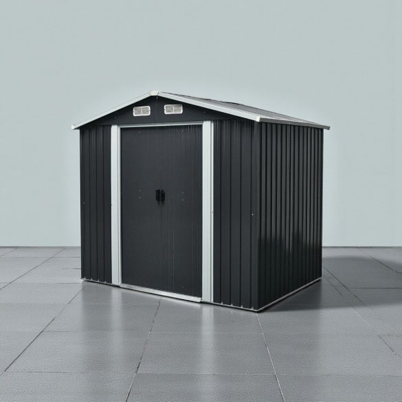 Kerti ház, Strend Pro Garden, 236 × 174 × 206 cm, antracit, fémlemez, korrózióálló, dupla tolóajtó, 4 szellőzőnyílás, horganyzott keret, opcionális padlószerkezet