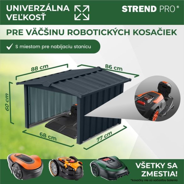 Robotfűnyíró garázs, Strend Pro Garden, antracit, fémlemez, horganyzott keret, korrózióálló, UV-védelem, gyorsan szerelhető