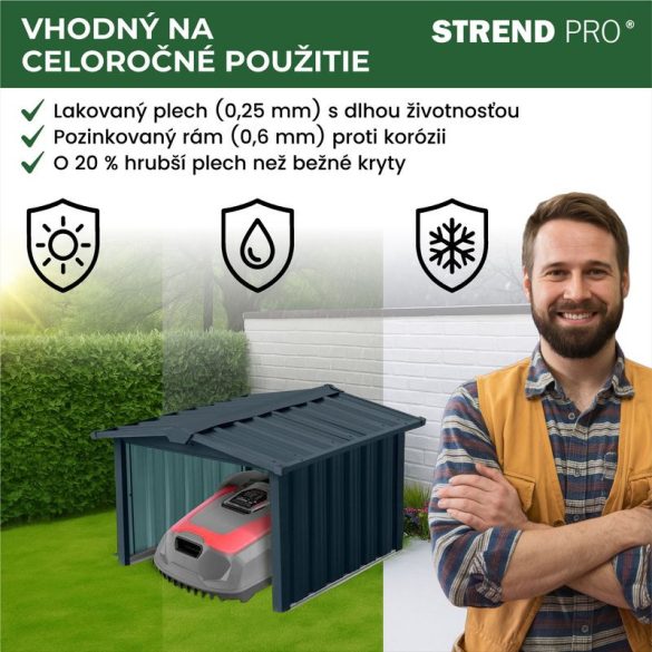 Robotfűnyíró garázs, Strend Pro Garden, antracit, fémlemez, horganyzott keret, korrózióálló, UV-védelem, gyorsan szerelhető