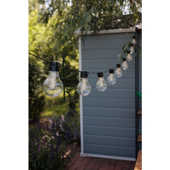 Napelemes kerti fényfüzér, Strend Pro Garden, izzó alakú, 10 LED, 2,7 m + 3 m kábel, akkumulátoros, automatikus kapcsolás