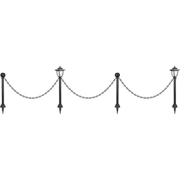 Napelemes kerti lámpa, Strend Pro Garden, lánckerítés szett 2 lámpával és 2 oszloppal, fekete, 16,5 × 16,5 × 71,5 cm, lánc: 138 cm, 1 LED/lámpa, hidegfehér fényű, műanyag, akkumulátoros, automatikus kapcsolás