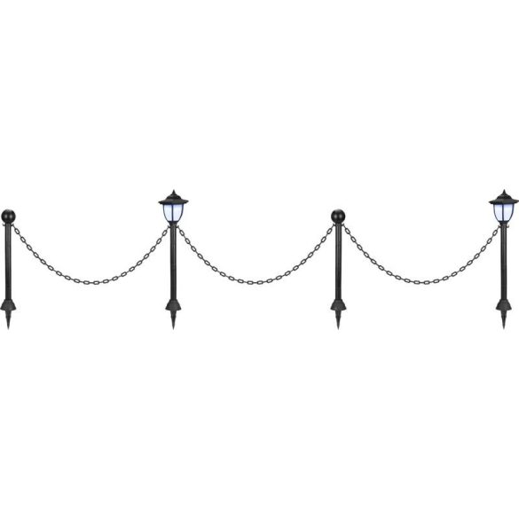 Napelemes kerti lámpa, Strend Pro Garden, lánckerítés szett 2 lámpával és 2 oszloppal, fekete, 16,5 × 16,5 × 71,5 cm, lánc: 138 cm, 1 LED/lámpa, hidegfehér fényű, műanyag, akkumulátoros, automatikus kapcsolás