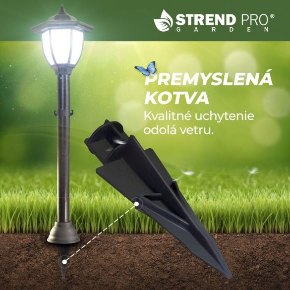 Napelemes kerti lámpa, Strend Pro Garden, lánckerítés szett 2 lámpával és 2 oszloppal, fekete, 16,5 × 16,5 × 71,5 cm, lánc: 138 cm, 1 LED/lámpa, hidegfehér fényű, műanyag, akkumulátoros, automatikus kapcsolás