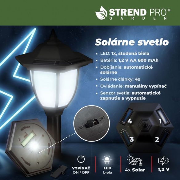 Napelemes kerti lámpa, Strend Pro Garden, lánckerítés szett 2 lámpával és 2 oszloppal, fekete, 16,5 × 16,5 × 71,5 cm, lánc: 138 cm, 1 LED/lámpa, hidegfehér fényű, műanyag, akkumulátoros, automatikus kapcsolás