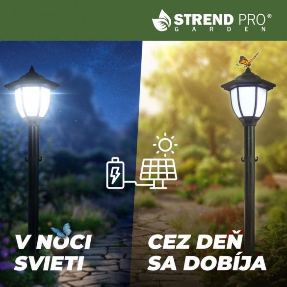 Napelemes kerti lámpa, Strend Pro Garden, lánckerítés szett 2 lámpával és 2 oszloppal, fekete, 16,5 × 16,5 × 71,5 cm, lánc: 138 cm, 1 LED/lámpa, hidegfehér fényű, műanyag, akkumulátoros, automatikus kapcsolás