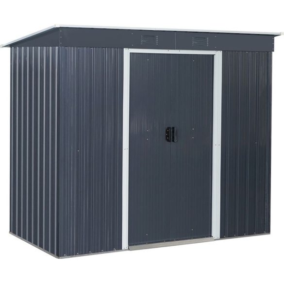 Kerti ház, Strend Pro Garden, 217 x 110 x 174 cm, antracit, fémlemez, alappal, időjárásálló, dupla tolóajtó, szellőzőnyílásokkal