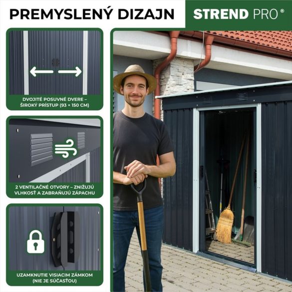 Kerti ház, Strend Pro Garden, 217 x 110 x 174 cm, antracit, fémlemez, alappal, időjárásálló, dupla tolóajtó, szellőzőnyílásokkal