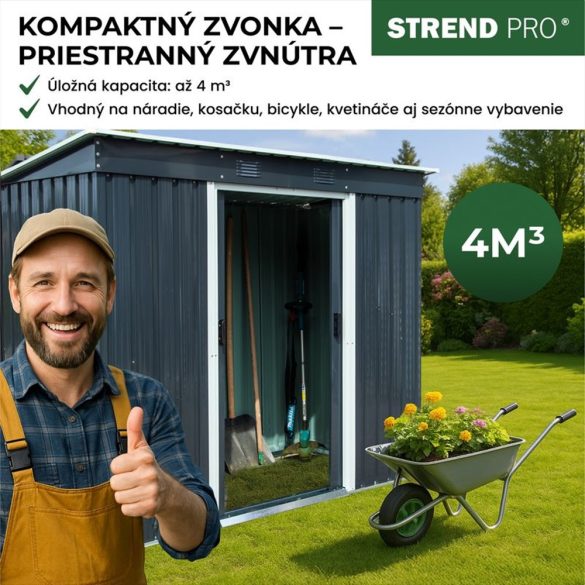 Kerti ház, Strend Pro Garden, 217 x 110 x 174 cm, antracit, fémlemez, alappal, időjárásálló, dupla tolóajtó, szellőzőnyílásokkal