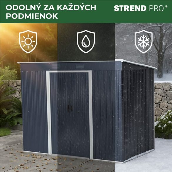 Kerti ház, Strend Pro Garden, 217 x 110 x 174 cm, antracit, fémlemez, alappal, időjárásálló, dupla tolóajtó, szellőzőnyílásokkal