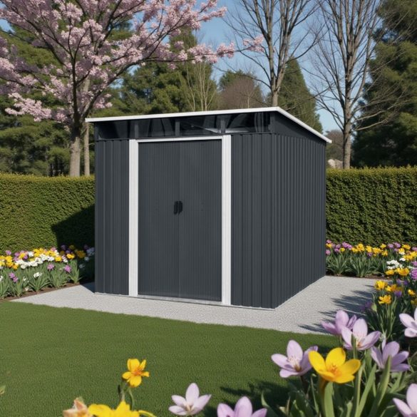 Kerti ház, Strend Pro Garden, 238 x 193 x 202 cm, antracit, fémlemez, időjárásálló, dupla tolóajtó, 4 szellőzőnyílás