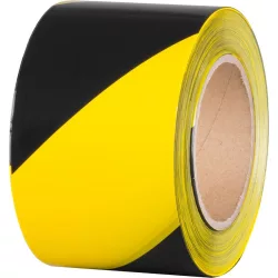   Figyelmeztető szalag, Strend Pro, sárga/fekete, 8 cm x 250 m, nem tapadó, polietilén (PE), beltéri/kültéri, akadályok, veszélyes területek jelölésére