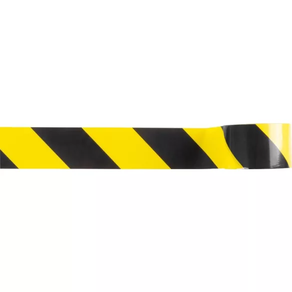 Figyelmeztető szalag, Strend Pro, sárga/fekete, 8 cm x 250 m, nem tapadó, polietilén (PE), beltéri/kültéri, akadályok, veszélyes területek jelölésére