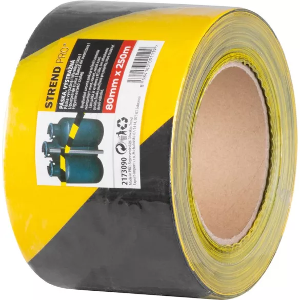 Figyelmeztető szalag, Strend Pro, sárga/fekete, 8 cm x 250 m, nem tapadó, polietilén (PE), beltéri/kültéri, akadályok, veszélyes területek jelölésére