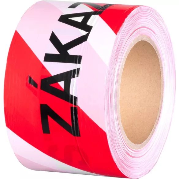 Figyelmeztető szalag, Strend Pro, piros/fehér, 8 cm x 250 m, nem tapadó, tartós polietilén, beltéri és kültéri, Zákaz Vstupu (belépni tilos) felirattal