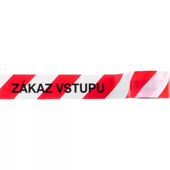 Figyelmeztető szalag, Strend Pro, piros/fehér, 8 cm x 250 m, nem tapadó, tartós polietilén, beltéri és kültéri, Zákaz Vstupu (belépni tilos) felirattal