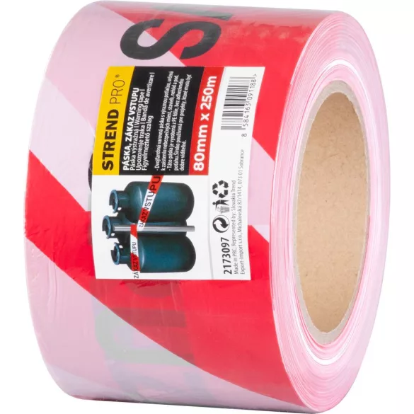 Figyelmeztető szalag, Strend Pro, piros/fehér, 8 cm x 250 m, nem tapadó, tartós polietilén, beltéri és kültéri, Zákaz Vstupu (belépni tilos) felirattal