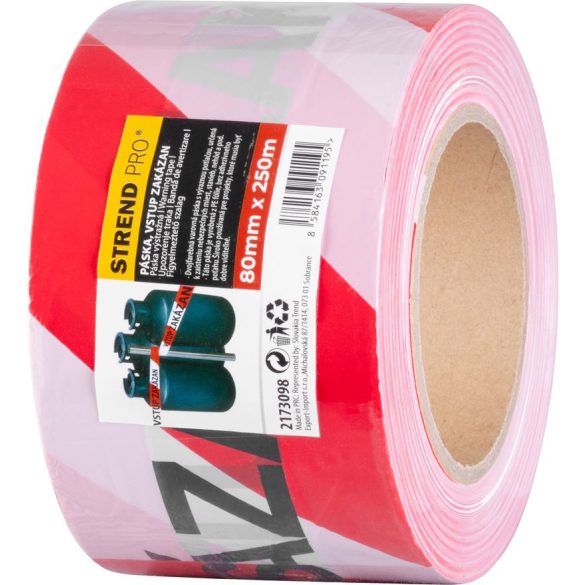 Szalag Strend Pro, 80 mm, Hossz: 250 m, figyelmeztető, piros/fehér, CSEH felirat "BELÉPNI TILOS