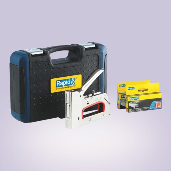 Kézi tűzőgép, Rapid R353, ezüst, 6–14 mm kapocshossz, 53-as kapcsokhoz, acél burkolat, acél mechanika, hordtáskával, kárpitos