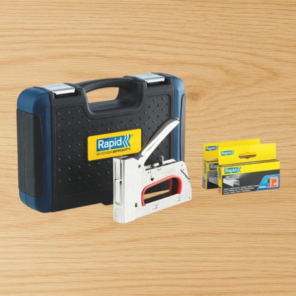 Kézi tűzőgép, Rapid R353, ezüst, 6–14 mm kapocshossz, 53-as kapcsokhoz, acél burkolat, acél mechanika, hordtáskával, kárpitos