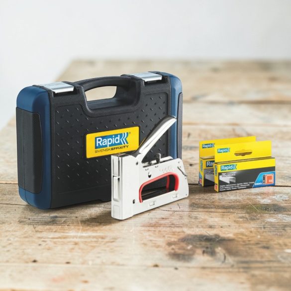 Kézi tűzőgép, Rapid R353, ezüst, 6–14 mm kapocshossz, 53-as kapcsokhoz, acél burkolat, acél mechanika, hordtáskával, kárpitos