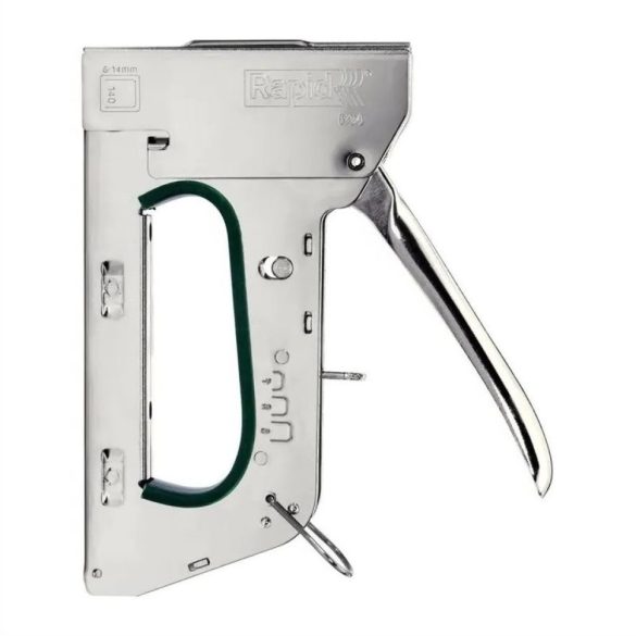 Kézi tűzőgép, Rapid R34, ezüst, 6–14 mm kapocshossz, 140-es kapcsokhoz, acél burkolat, acél mechanika, hordtáskával, kárpitos