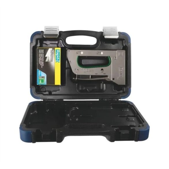 Kézi tűzőgép, Rapid R34, ezüst, 6–14 mm kapocshossz, 140-es kapcsokhoz, acél burkolat, acél mechanika, hordtáskával, kárpitos