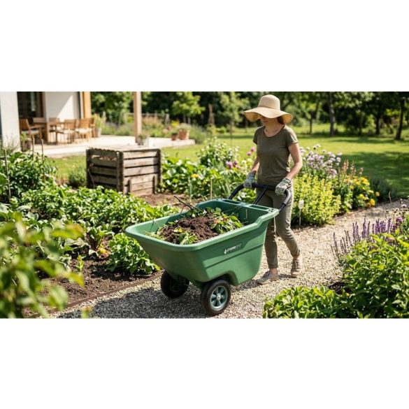 Kétkerekű kocsi, Strend Pro, Handy, 90 l, zöld, 78 × 56 × 40 cm, 50 kg teherbírás, szórásra is alkalmas