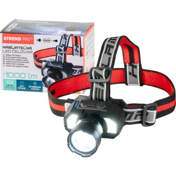 Fejlámpa, Strend Pro XL121807, fekete, 1000 lm, LED, zoom funkció, 1800 mAh Li-ion, USB töltés, akkumulátoros, állítható fejpánt