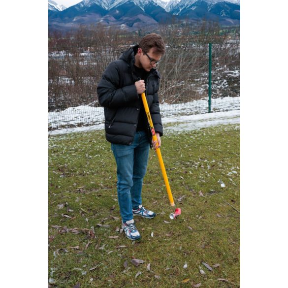 Kézi szemétszedő, Strend Pro, sárga, 130 cm, üvegszálas nyél, acél tüske, hajlás nélkül használható, kerti és közterületi szemétszedéshez
